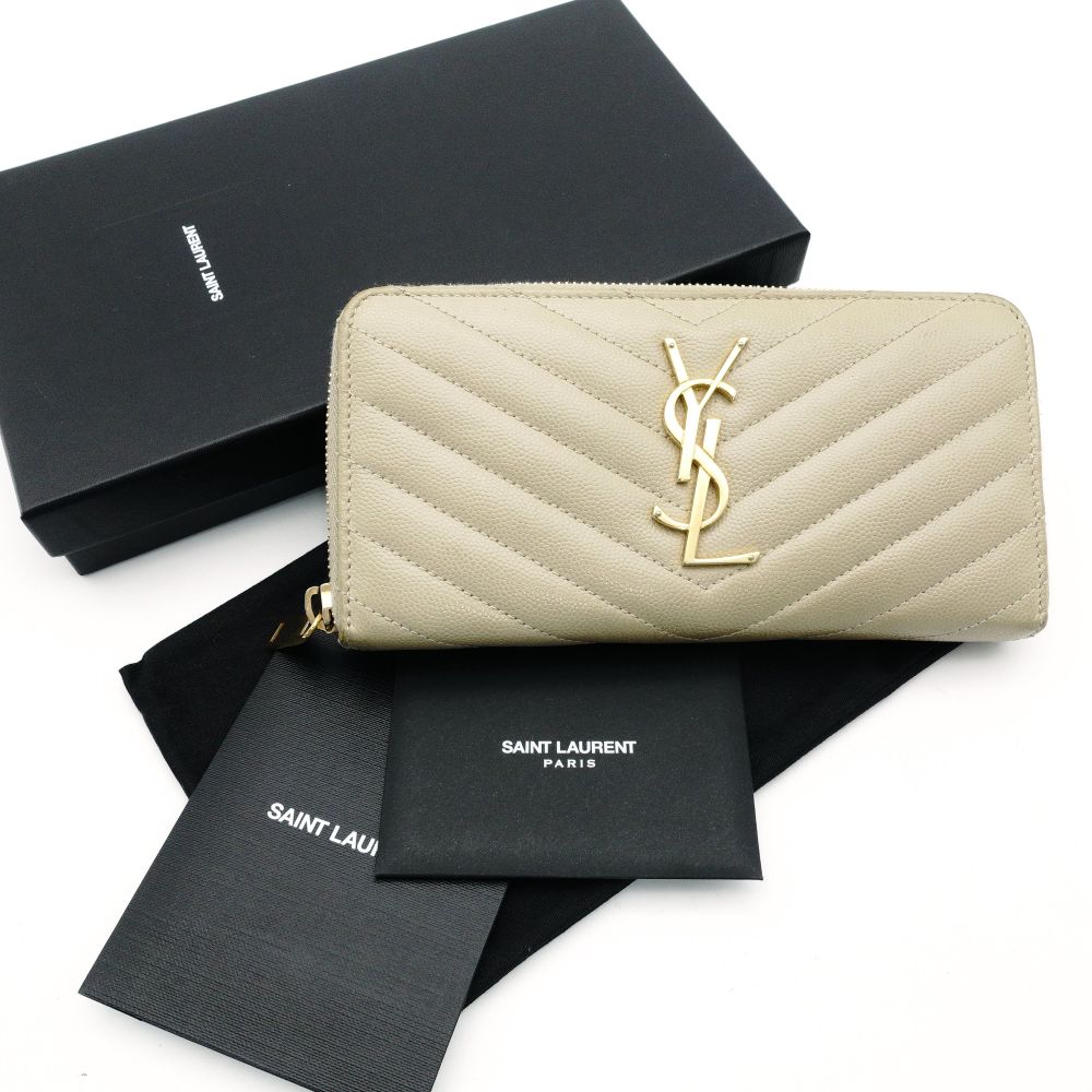 Saint Laurent Cassandra Long Wallet Beige Leather Gold Hardware Wallet YSL R801886