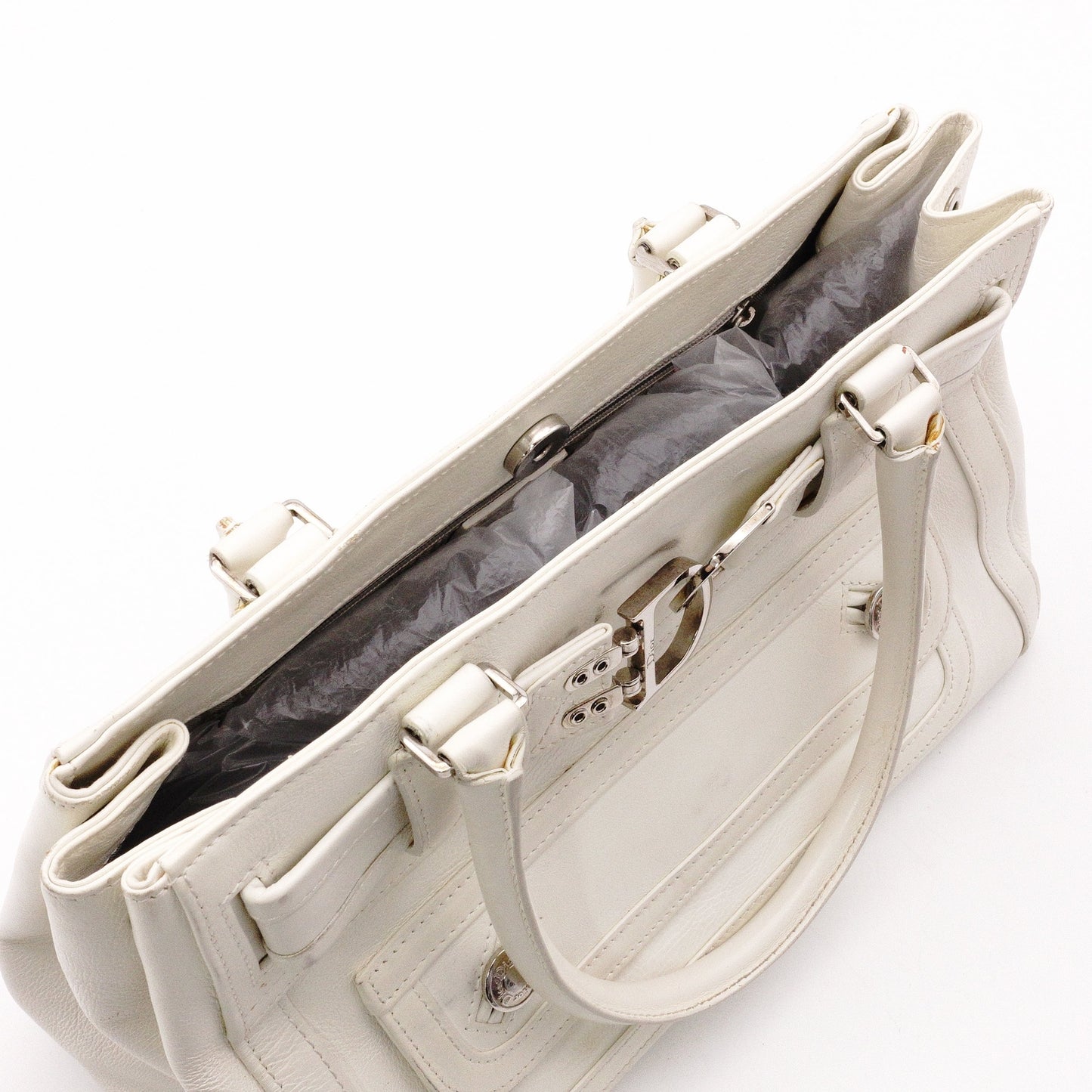 Christian Dior Flightline Shoulder Bag, Leather, White, Silver Hardware, CD Logo