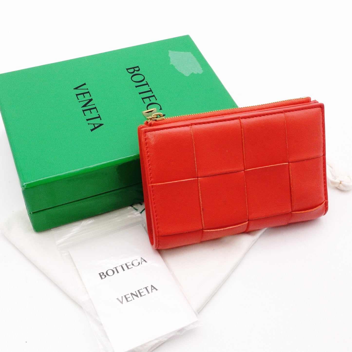 Bottega Veneta Intrecciato Bifold Wallet, Leather, Orange, Simple, Gold Hardware