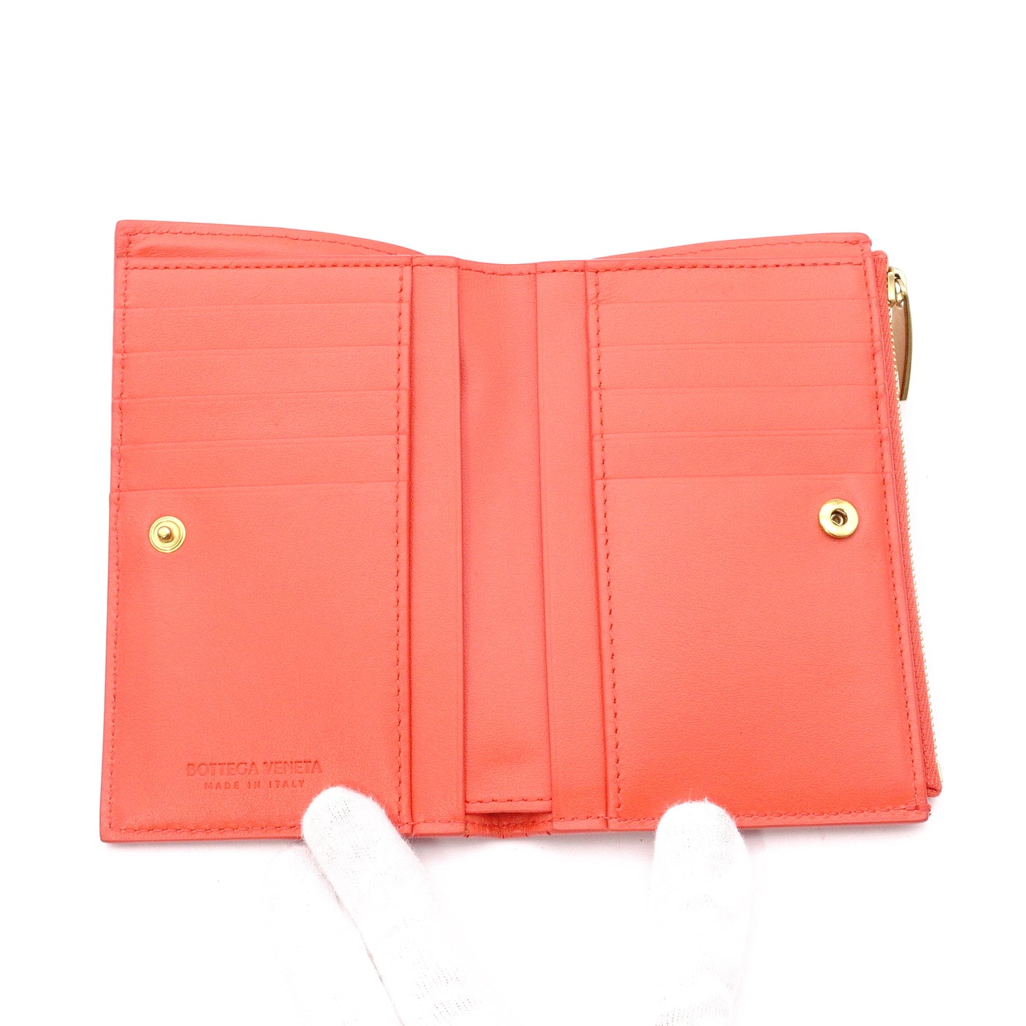Bottega Veneta Intrecciato Bifold Wallet, Leather, Orange, Simple, Gold Hardware