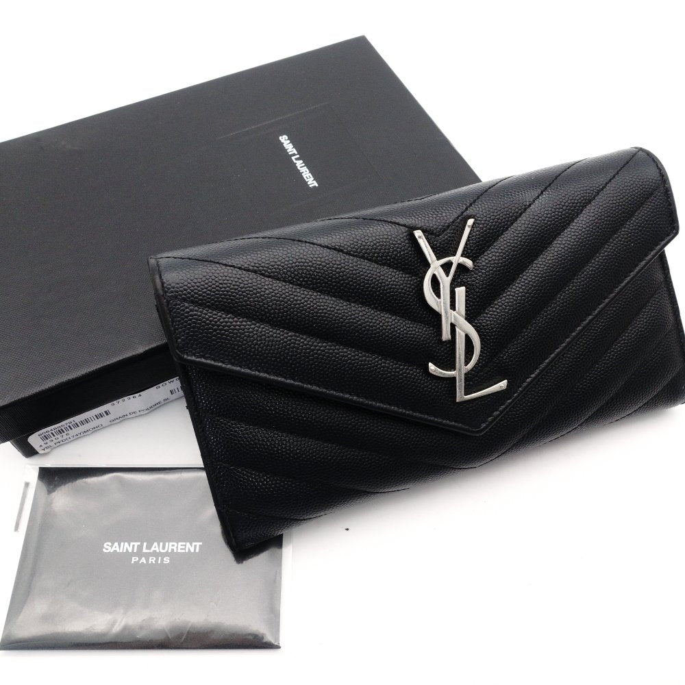 Saint Laurent Cassandra Long Wallet Black Leather Silver Hardware Wallet YSL R8011061