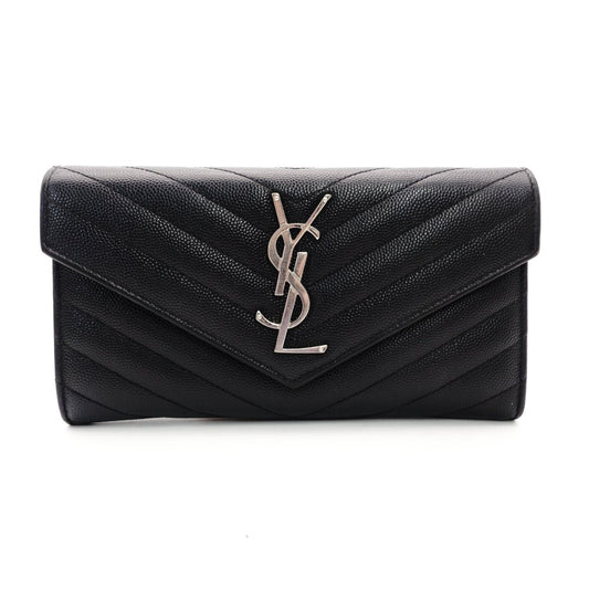 Saint Laurent Cassandra Long Wallet Black Leather Silver Hardware Wallet YSL R8011061