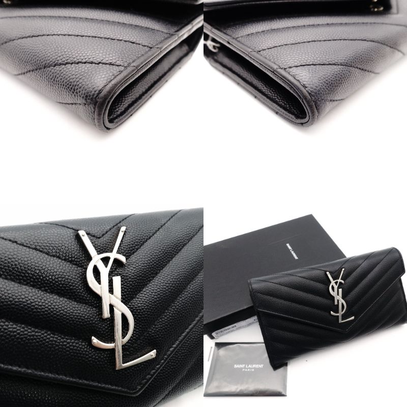 Saint Laurent Cassandra Long Wallet Black Leather Silver Hardware Wallet YSL R8011061