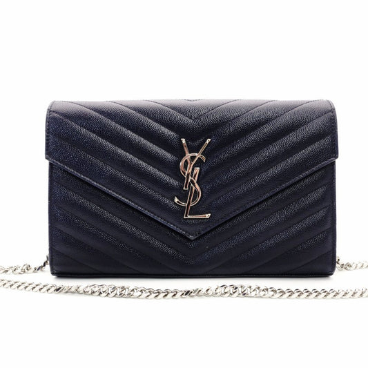 Saint Laurent Cassandra Chain Wallet Navy Leather Silver Hardware Crossbody R8020086