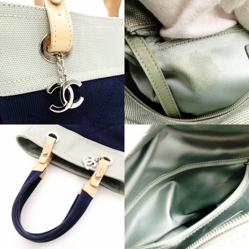 CHANEL Paris Biarritz PM Tote Bag Canvas Navy × Green Shoulder CC Logo R8020219