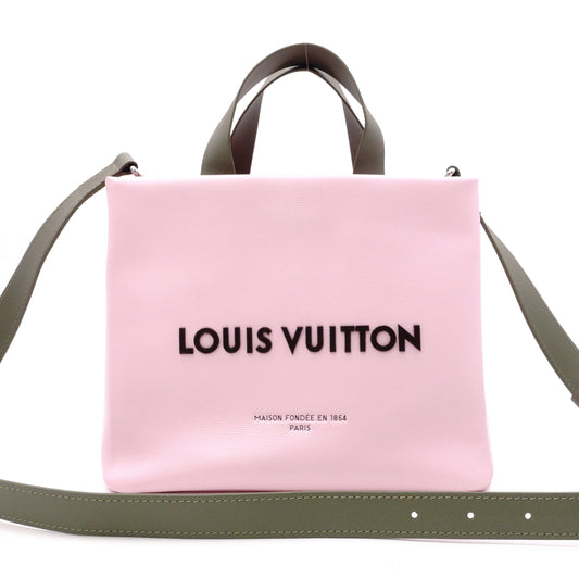 LOUIS VUITTON Shopper Tote MINI Handbag Leather Pink Khaki 2-Way Crossbody Logo