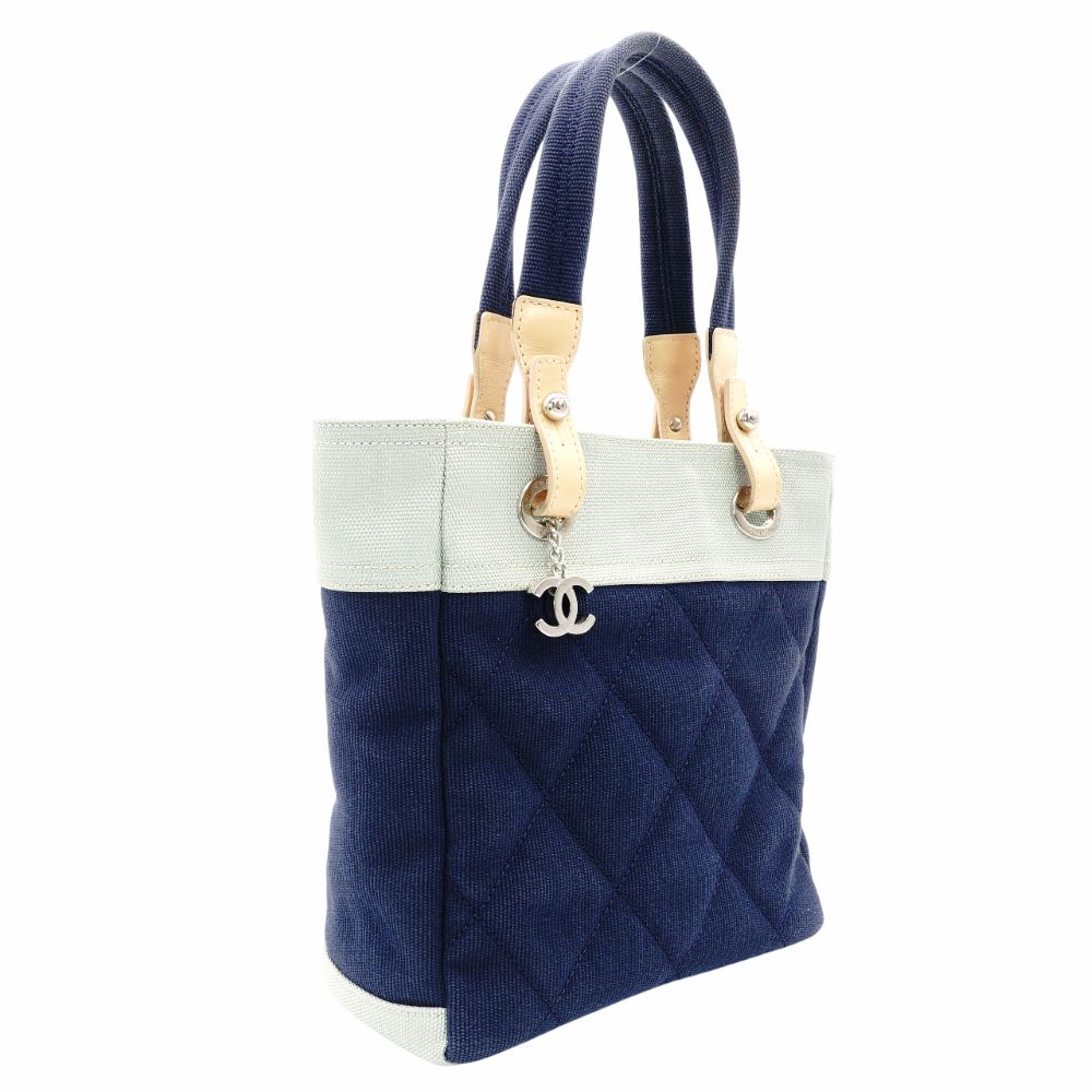 CHANEL Paris Biarritz PM Tote Bag Canvas Navy × Green Shoulder CC Logo R8020219