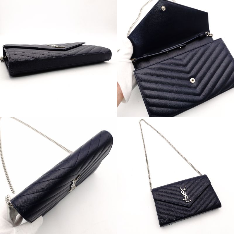 Saint Laurent Cassandra Chain Wallet Navy Leather Silver Hardware Crossbody R8020086