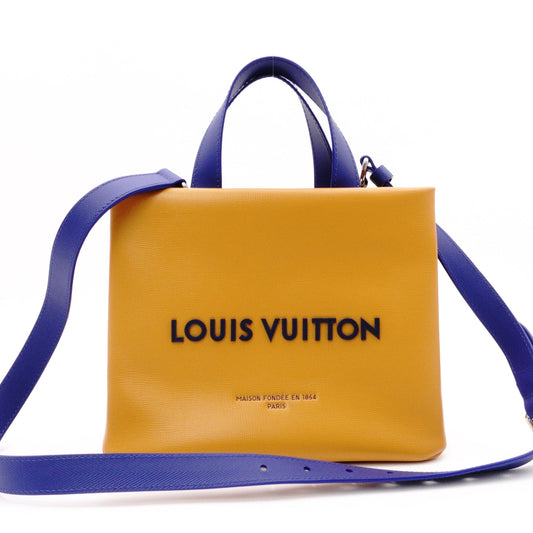 LOUIS VUITTON Shopper Tote MINI Handbag Leather Orange Blue 2-Way Crossbody Logo