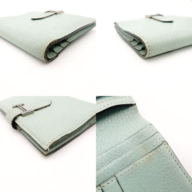 HERMES Béan Compact Bifold Wallet Leather Mint Green H Logo Wallet Silver Hardware □H Engraving R801941