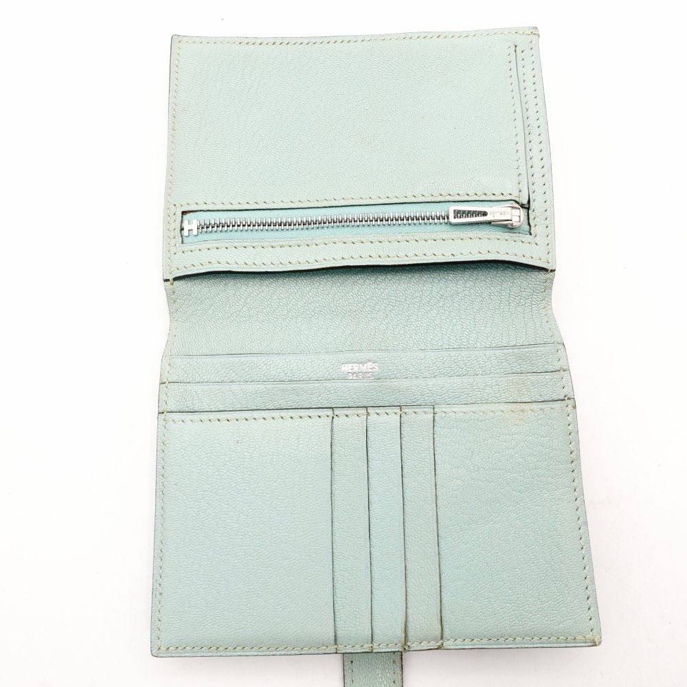 HERMES Béan Compact Bifold Wallet Leather Mint Green H Logo Wallet Silver Hardware □H Engraving R801941