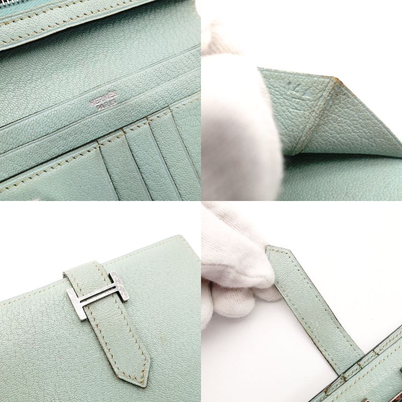 HERMES Béan Compact Bifold Wallet Leather Mint Green H Logo Wallet Silver Hardware □H Engraving R801941