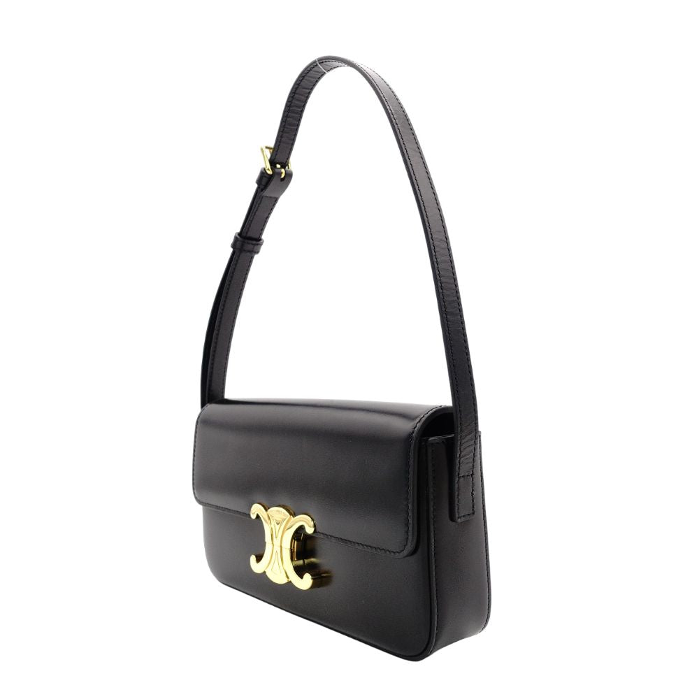 Céline Triomphe Calf One-Shoulder Black Leather Bag with Gold Hardware and Logo R8020075