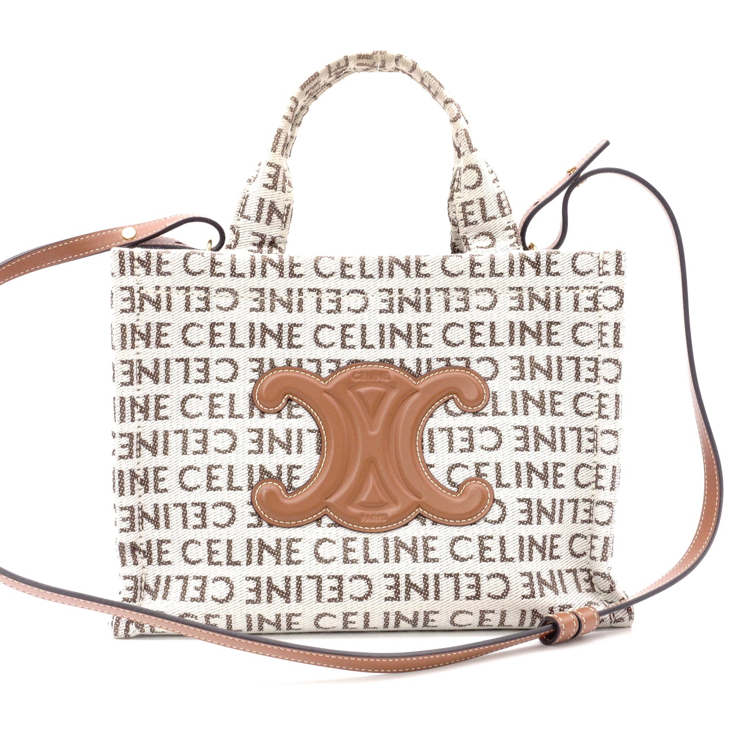 CELINE Triomphe Small Cabas Tais Handbag, Canvas/Leather, Beige, 2-Way, Logo