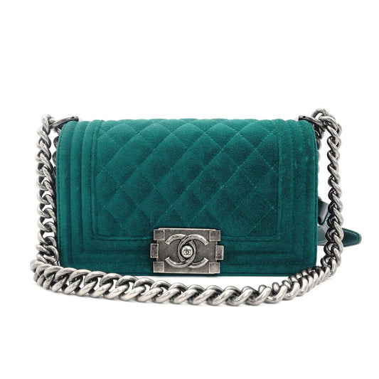 CHANEL Boy Chanel Velour 2Way Green Shoulder Bag Green Women's Simple 7-2-261