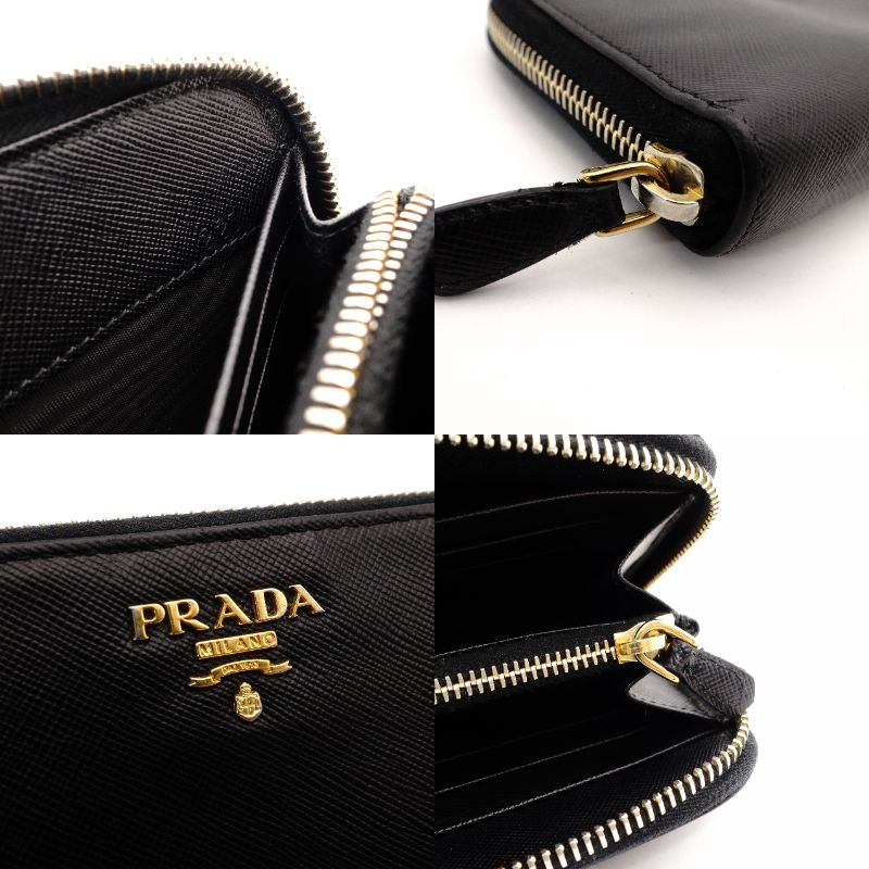 PRADA Long Wallet Saffiano Leather Black Leather Wallet Gold Hardware R801987