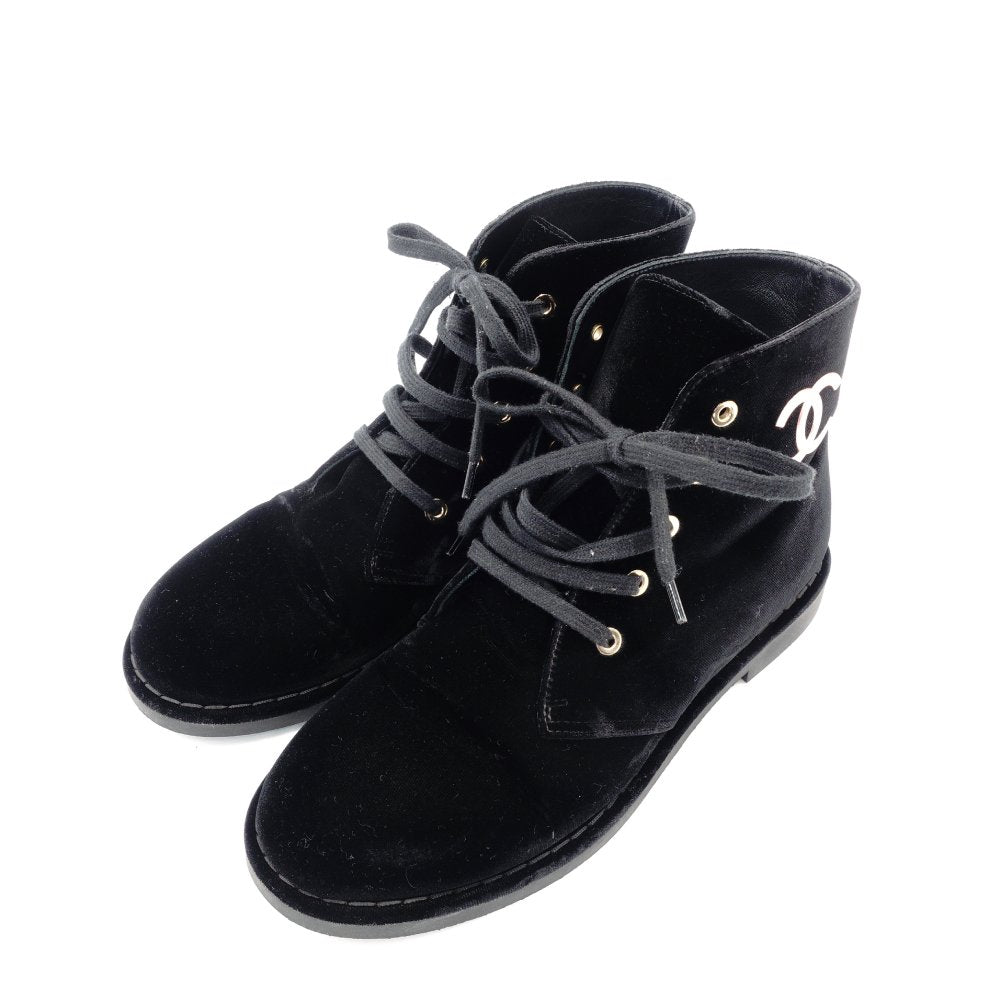 CHANEL Short Boots Black Velvet Black CC Logo Short Boots Size 37.5 Approx. 9.6" R801839
