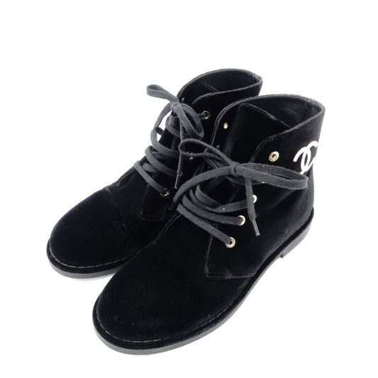 CHANEL Short Boots Black Velvet Black CC Logo Short Boots Size 37.5 Approx. 9.6" R801839