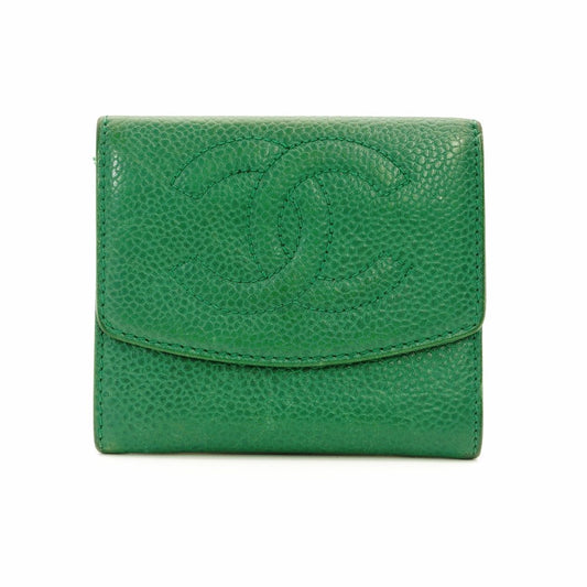 CHANEL Coin Case Caviar Skin Green Leather Vintage Mini Wallet R801194