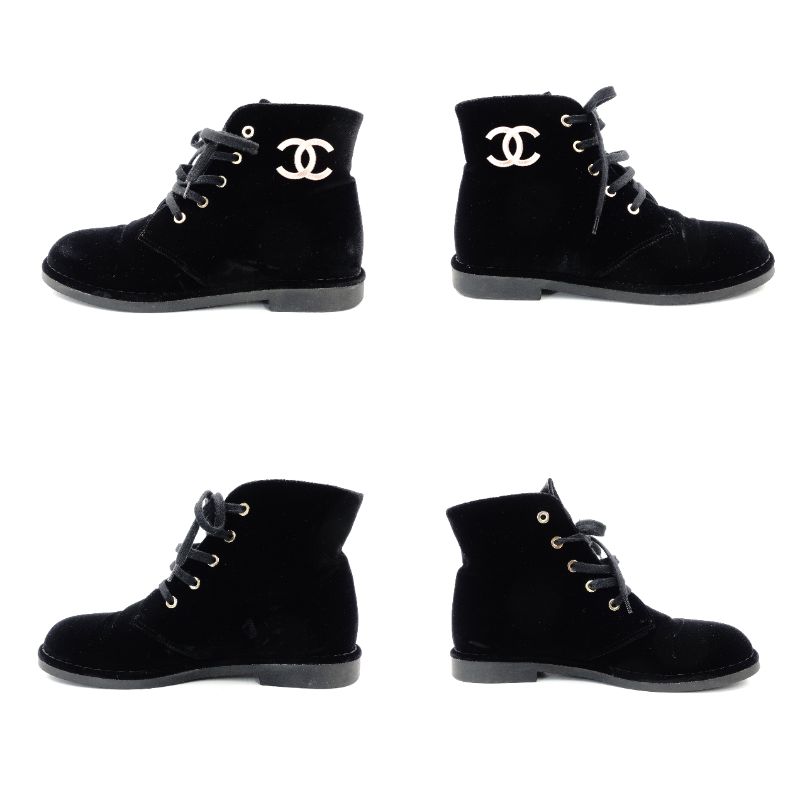 CHANEL Short Boots Black Velvet Black CC Logo Short Boots Size 37.5 Approx. 9.6" R801839