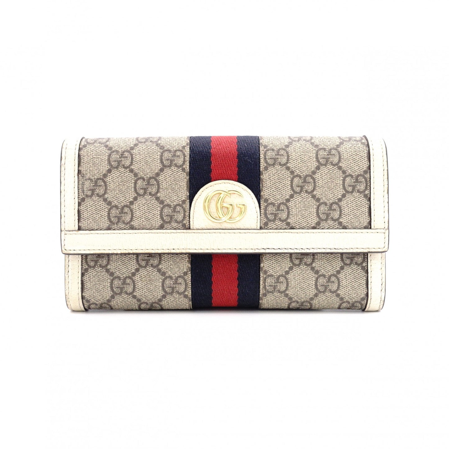GUCCI Sherry Line Long Wallet, PVC/Leather, Beige, GG Logo, Gold Hardware