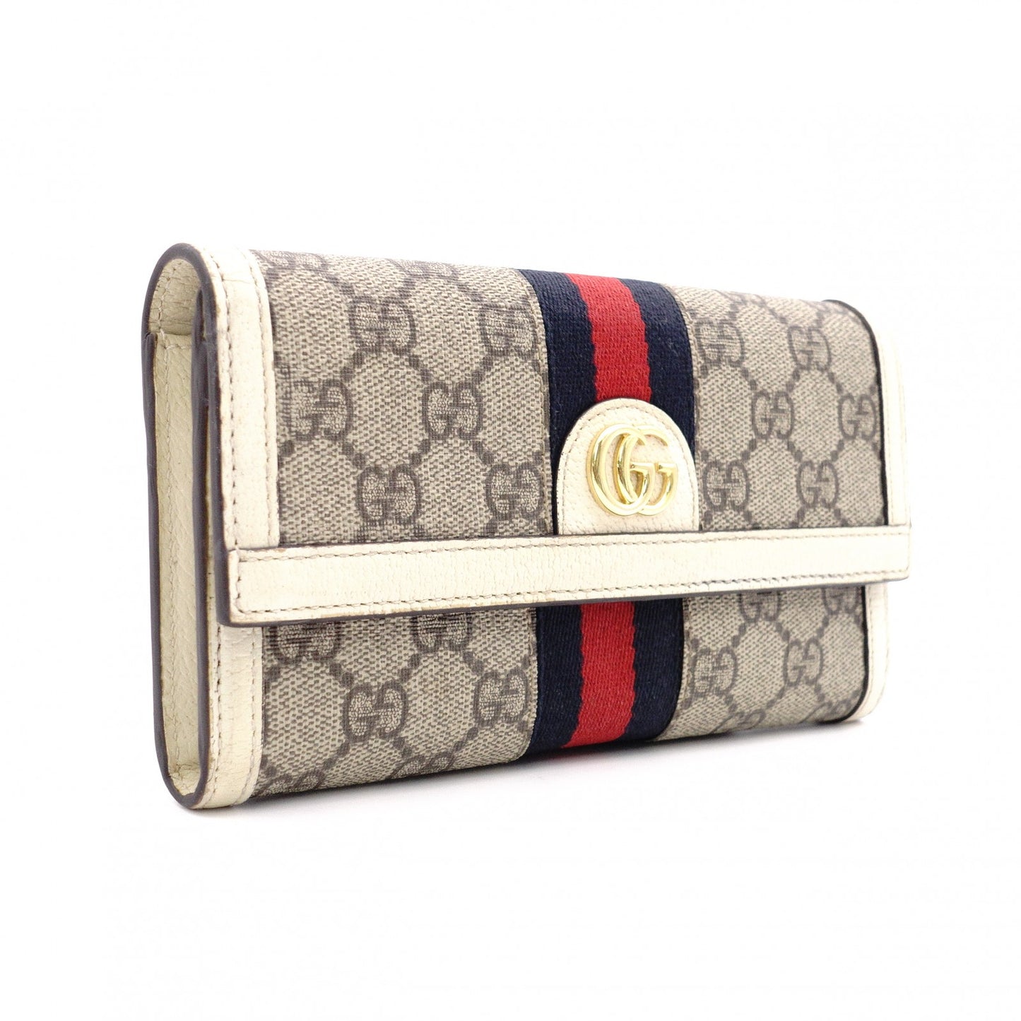 GUCCI Sherry Line Long Wallet, PVC/Leather, Beige, GG Logo, Gold Hardware