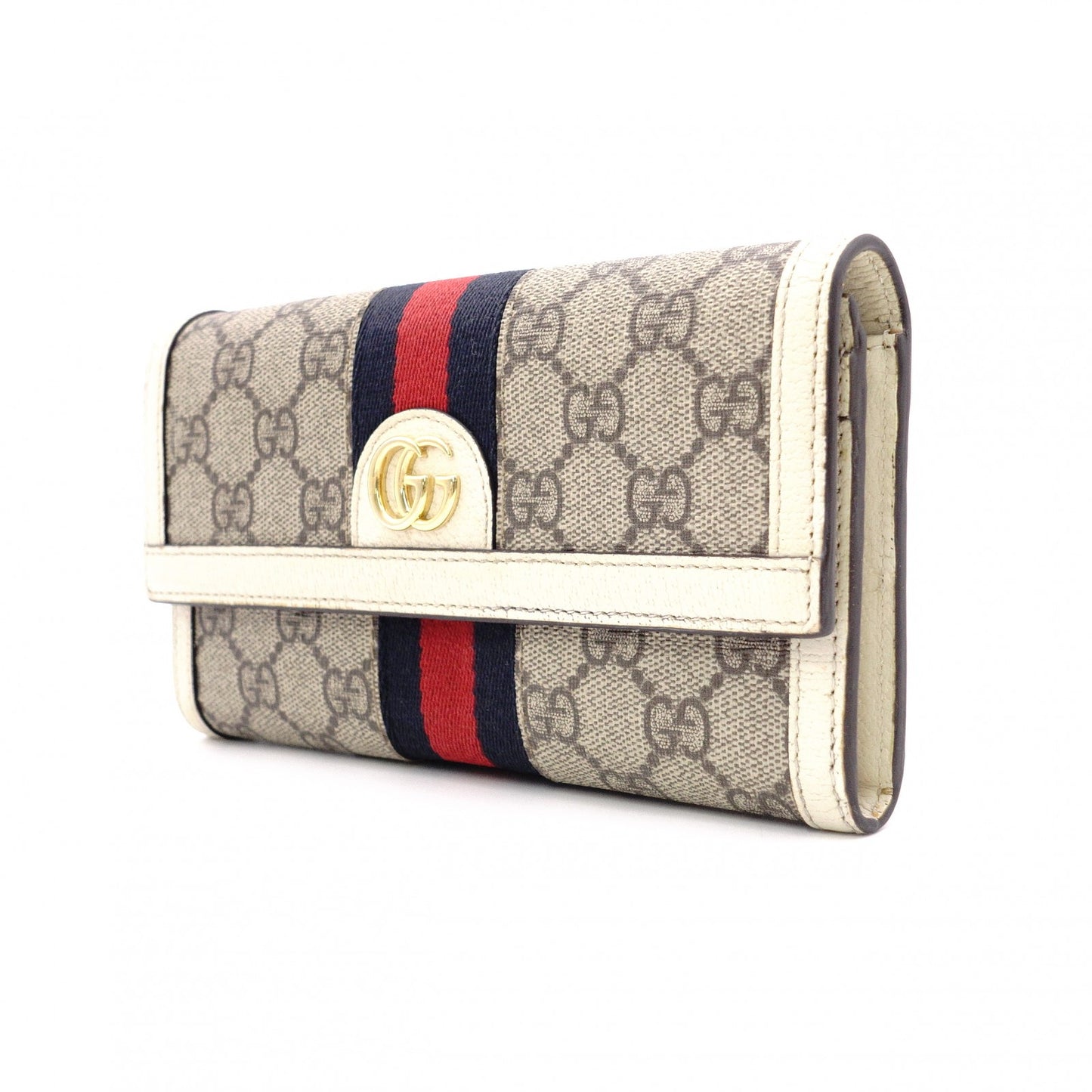 GUCCI Sherry Line Long Wallet, PVC/Leather, Beige, GG Logo, Gold Hardware