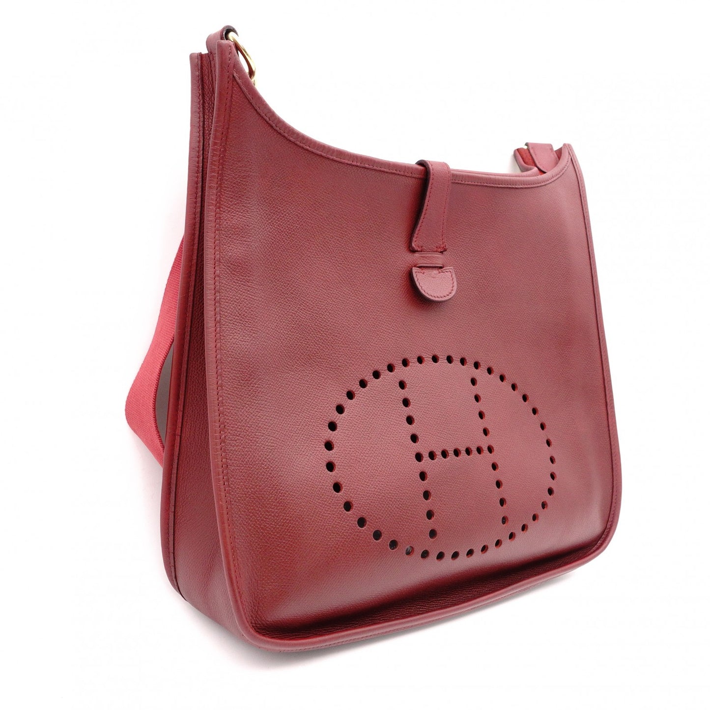 HERMES Evelyn GM Shoulder Bag, Leather, Red, □H Engraving, Silver Hardware