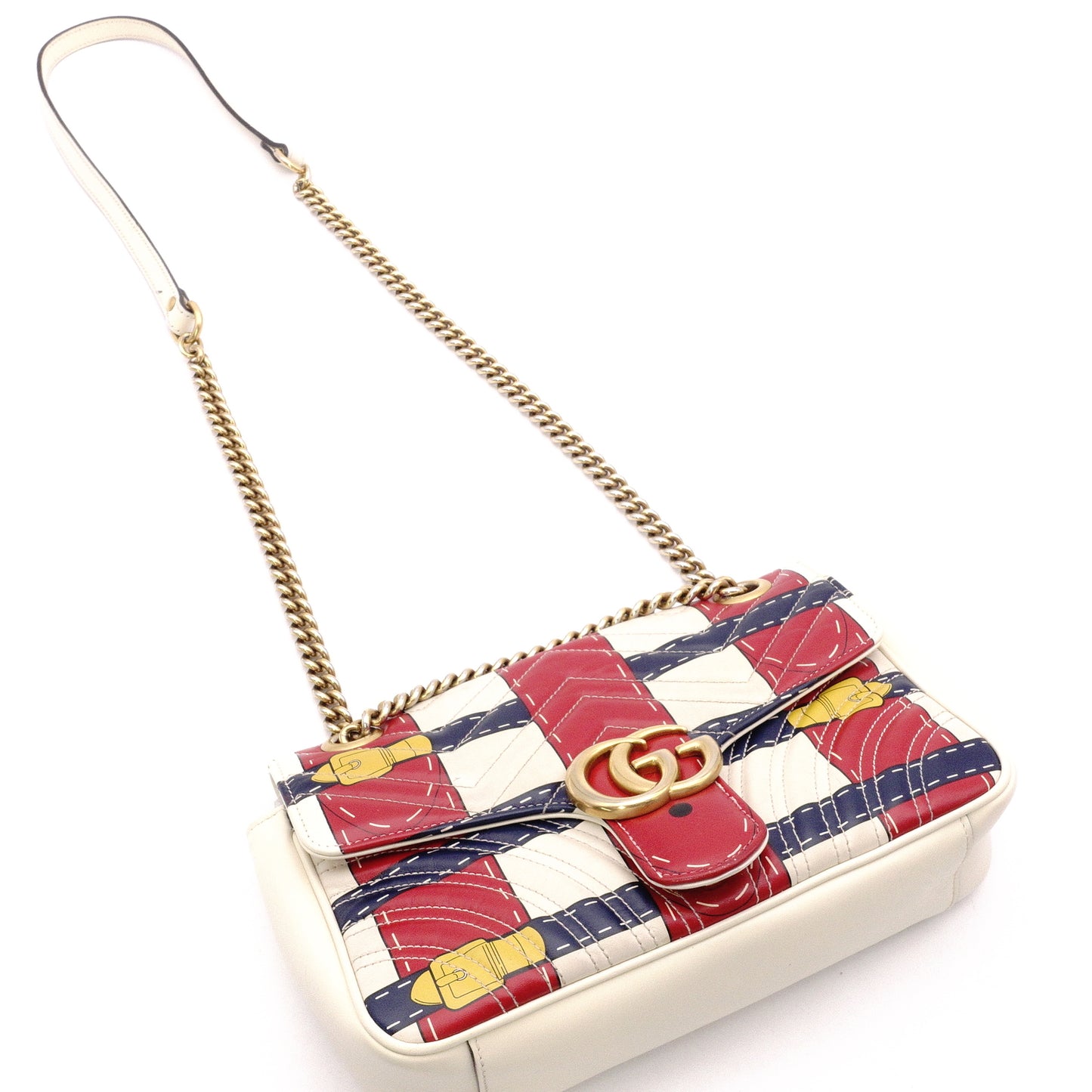 GUCCI Marmont Shoulder Bag, Leather, White, 2-Way Crossbody, GG Logo, Multicolor