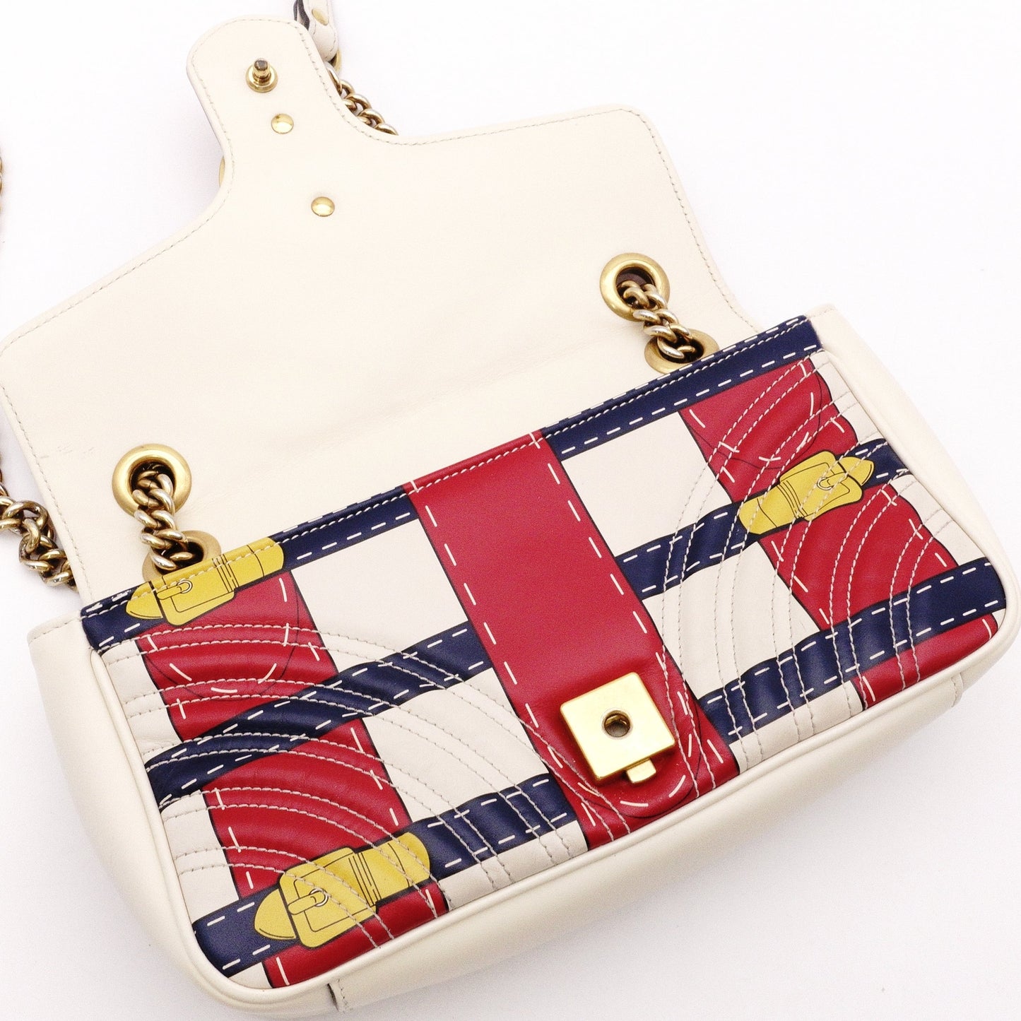 GUCCI Marmont Shoulder Bag, Leather, White, 2-Way Crossbody, GG Logo, Multicolor