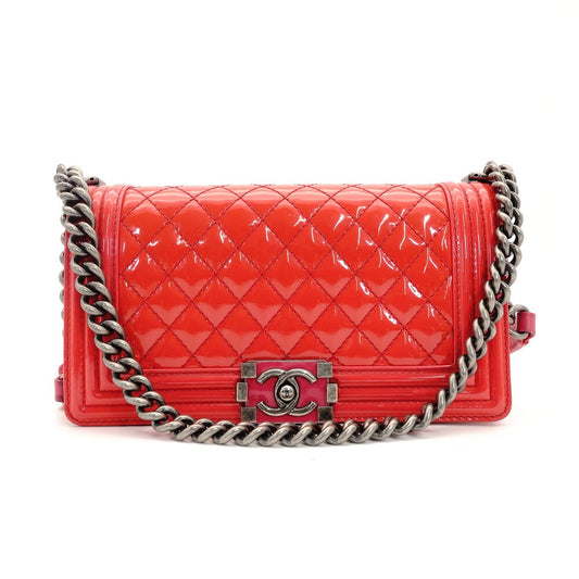 CHANEL Boy Chanel Patent Leather 2-Way Coral Red Shoulder Bag Red Women's Simple 6-10-988