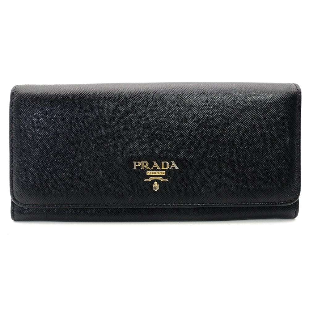 PRADA Long Wallet Saffiano Leather Black Wallet Black Gold Hardware R8020138