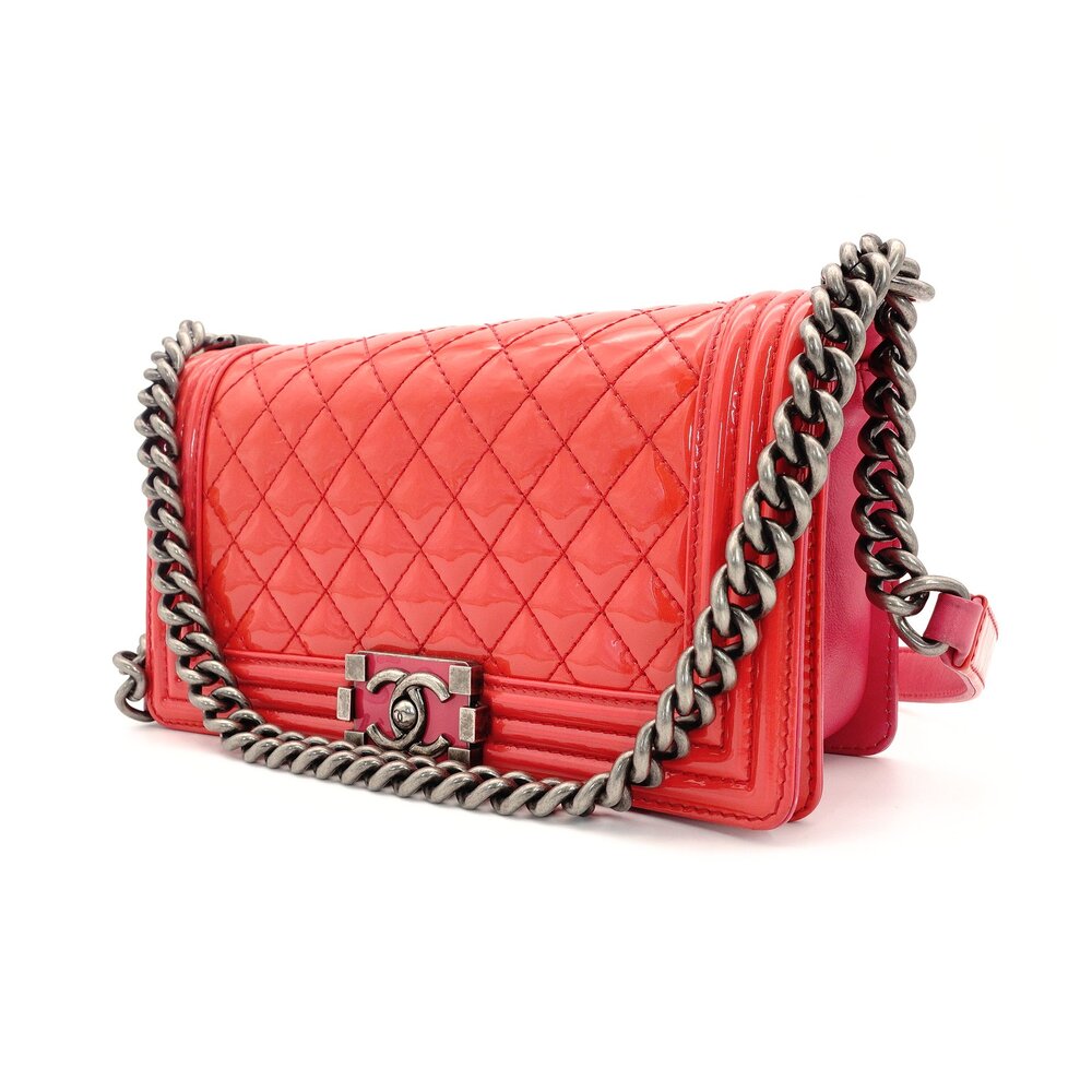 CHANEL Boy Chanel Patent Leather 2-Way Coral Red Shoulder Bag Red Women's Simple 6-10-988