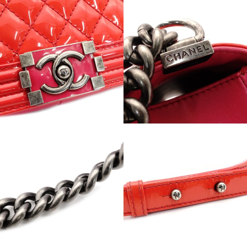 CHANEL Boy Chanel Patent Leather 2-Way Coral Red Shoulder Bag Red Women's Simple 6-10-988
