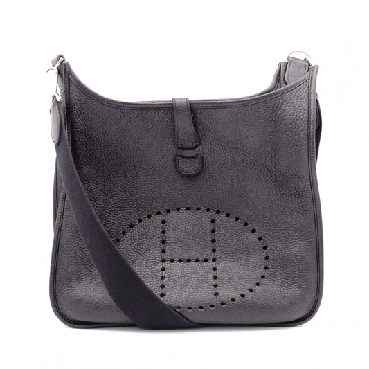 HERMES Evelyn GM Shoulder Bag, Leather, Black, Taurillon Clemence