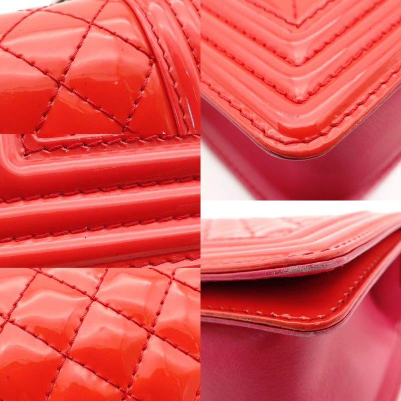CHANEL Boy Chanel Patent Leather 2-Way Coral Red Shoulder Bag Red Women's Simple 6-10-988