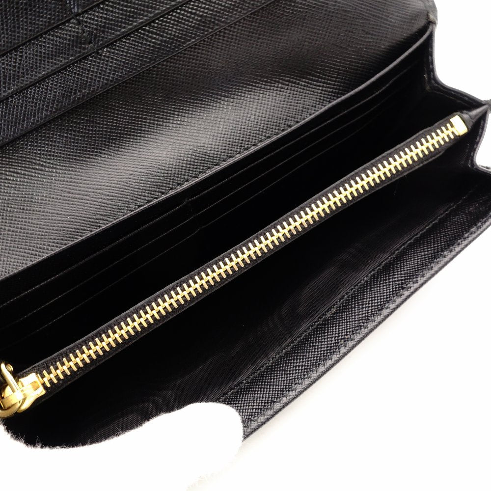 PRADA Long Wallet Saffiano Leather Black Wallet Black Gold Hardware R8020138