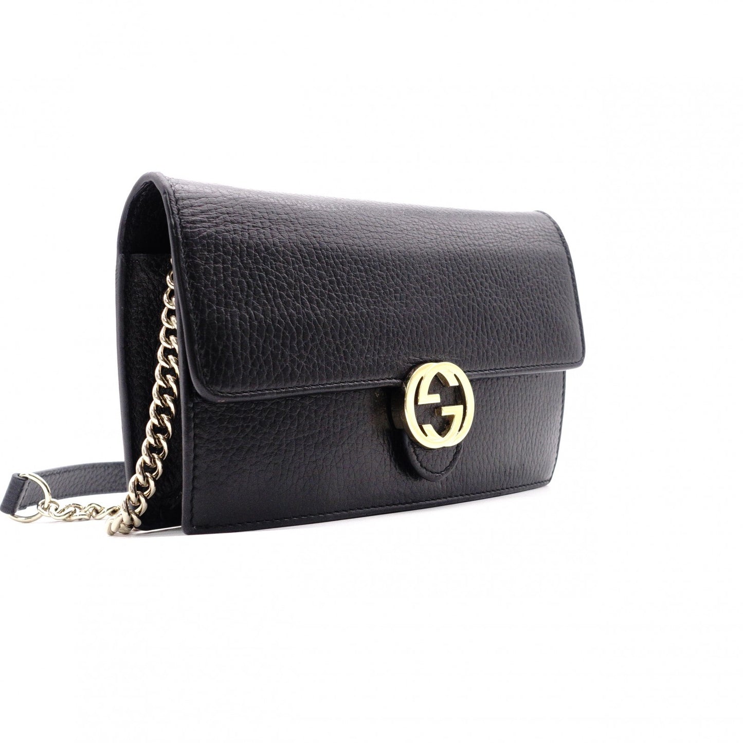 GUCCI Mini Interlocking Shoulder Bag, Leather, Black, GG Logo, Gold Hardware