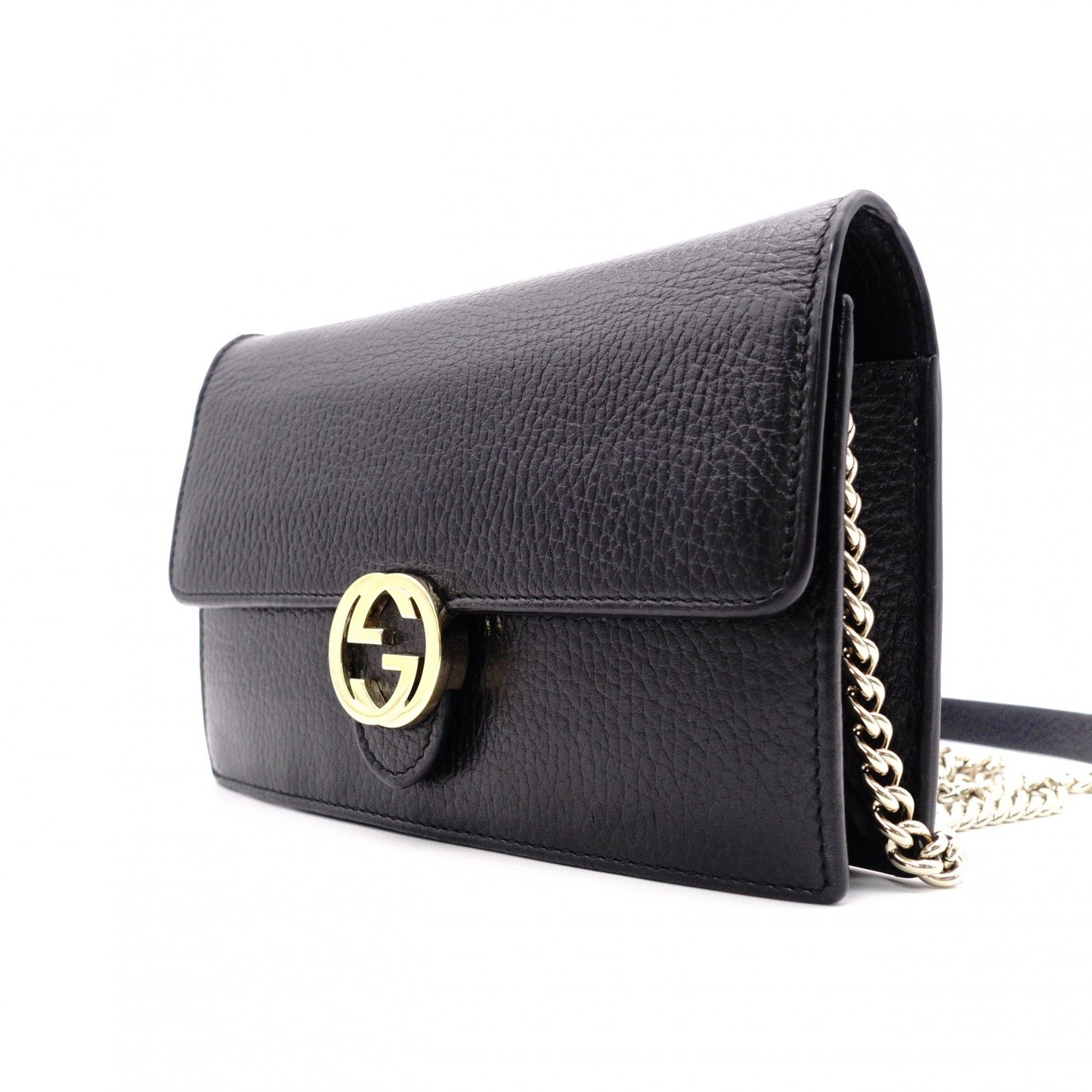 GUCCI Mini Interlocking Shoulder Bag, Leather, Black, GG Logo, Gold Hardware