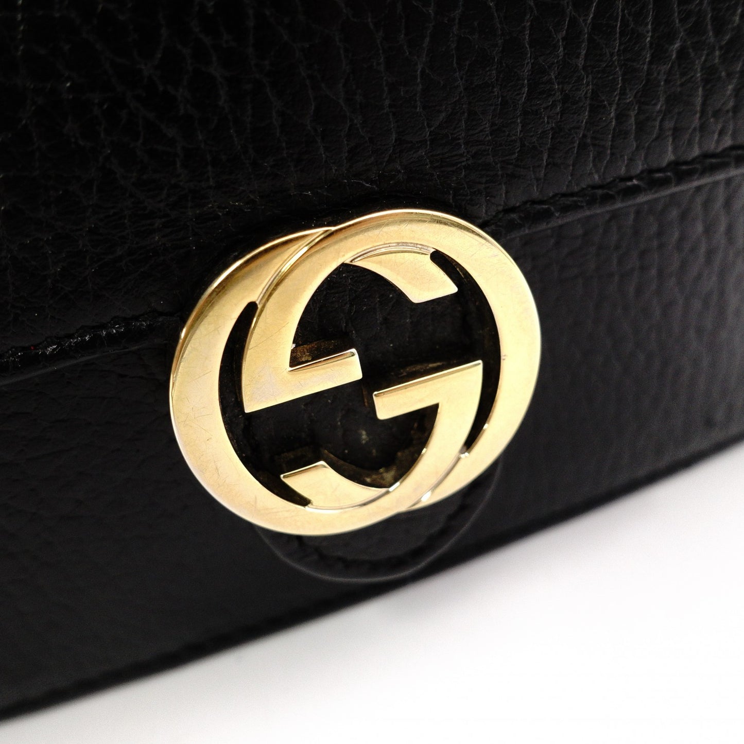 GUCCI Mini Interlocking Shoulder Bag, Leather, Black, GG Logo, Gold Hardware