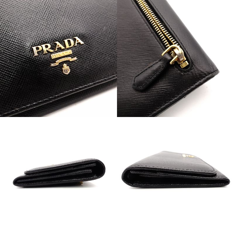PRADA Long Wallet Saffiano Leather Black Wallet Black Gold Hardware R8020138