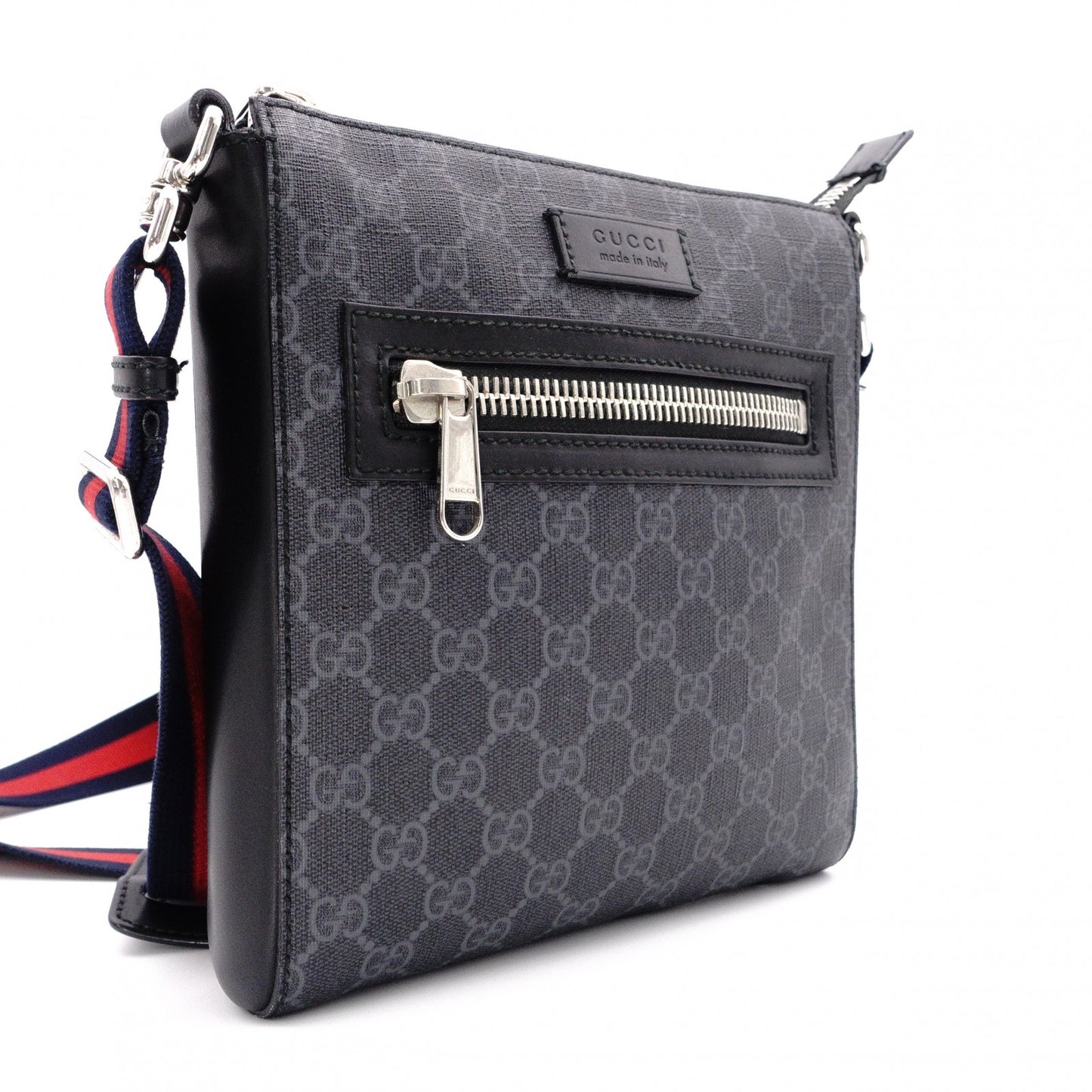 GUCCI GG Supreme Shoulder Bag, PVC/Leather, Grey, GG Logo, Men’s Crossbody Bag