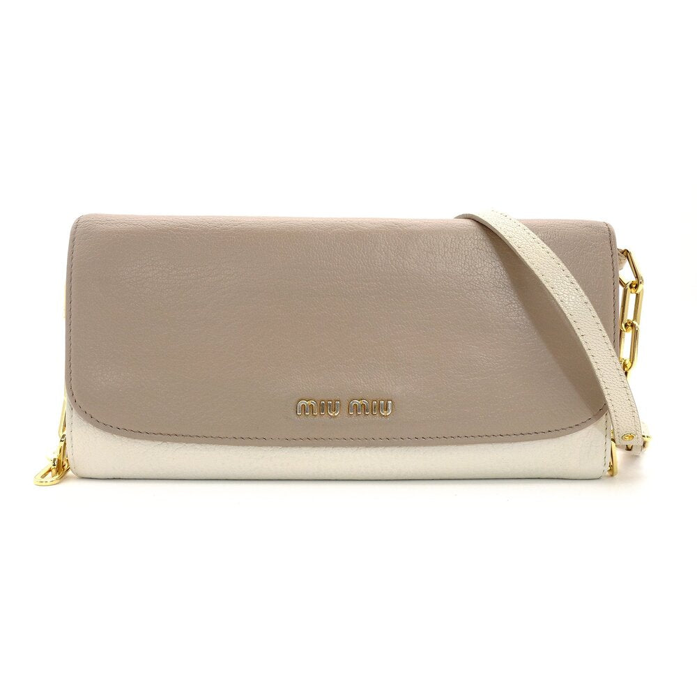 Miu Miu Chain Wallet Shoulder Bag Beige × Off-White Leather Logo 7-9-627