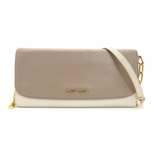 Miu Miu Chain Wallet Shoulder Bag Beige × Off-White Leather Logo 7-9-627