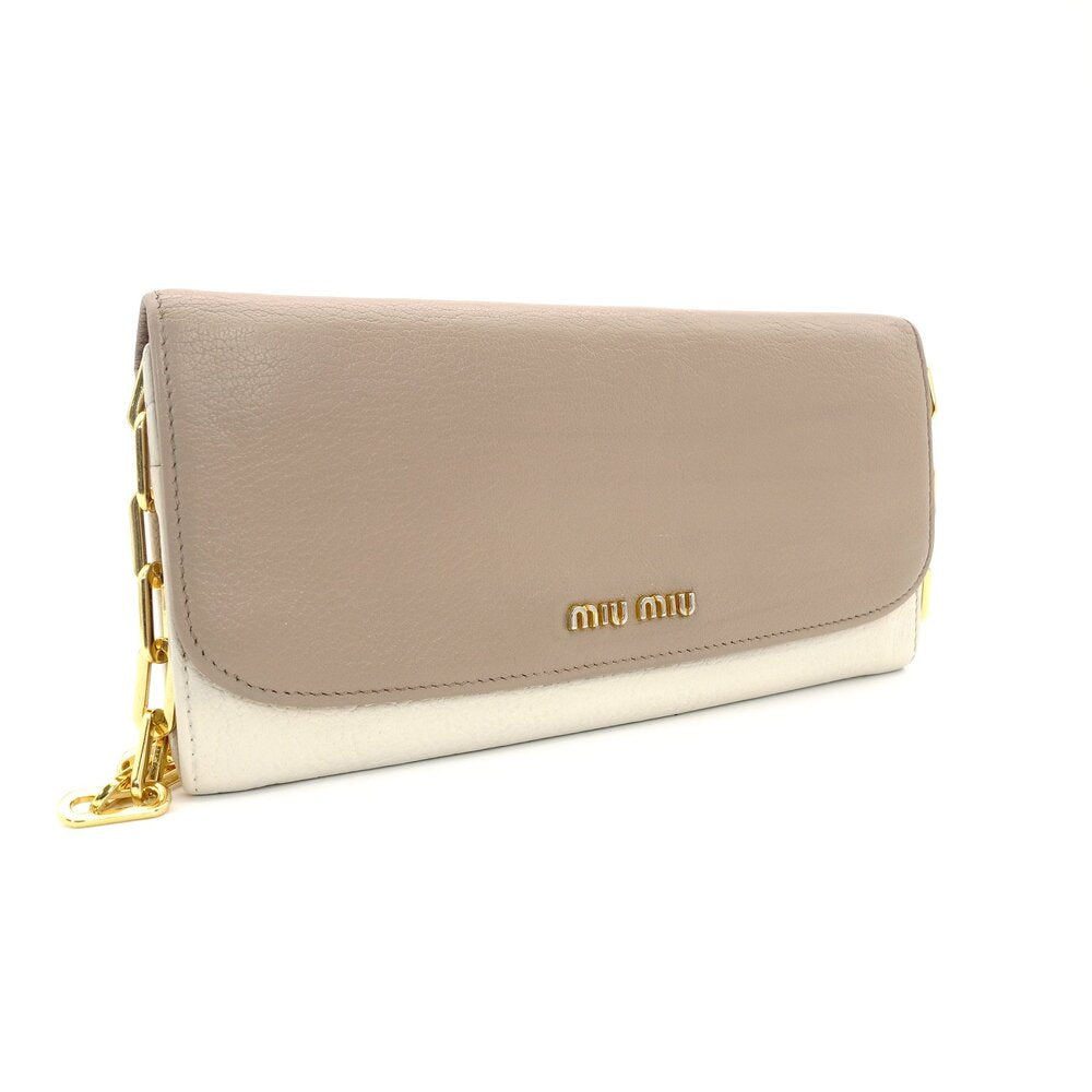 Miu Miu Chain Wallet Shoulder Bag Beige × Off-White Leather Logo 7-9-627