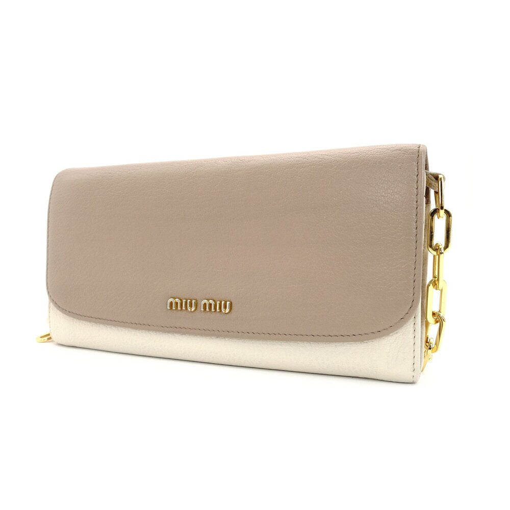 Miu Miu Chain Wallet Shoulder Bag Beige × Off-White Leather Logo 7-9-627