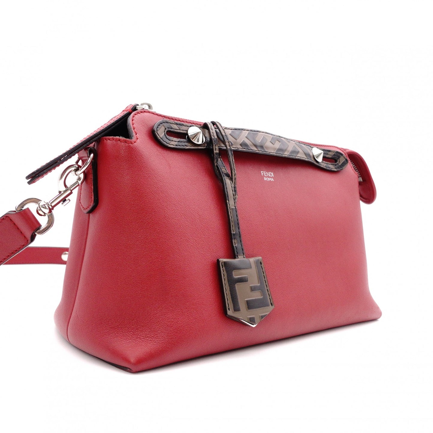 FENDI Zucca By the Way Handbag, Leather, Red, 2-way Crossbody Bag with Charm