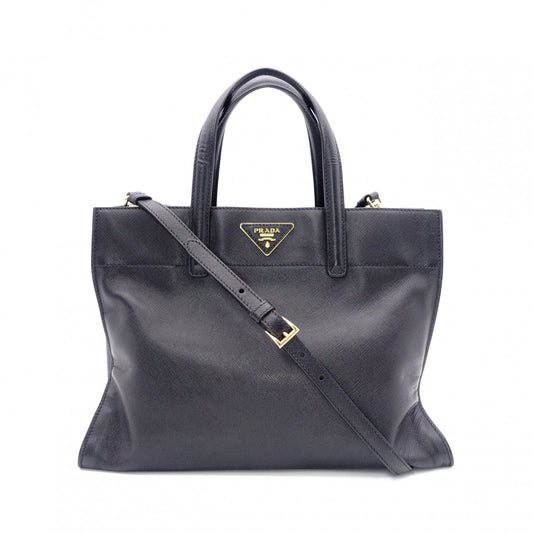 PRADA Handbag, Leather, Black, Saffiano Leather, 2-Way, Gold Hardware