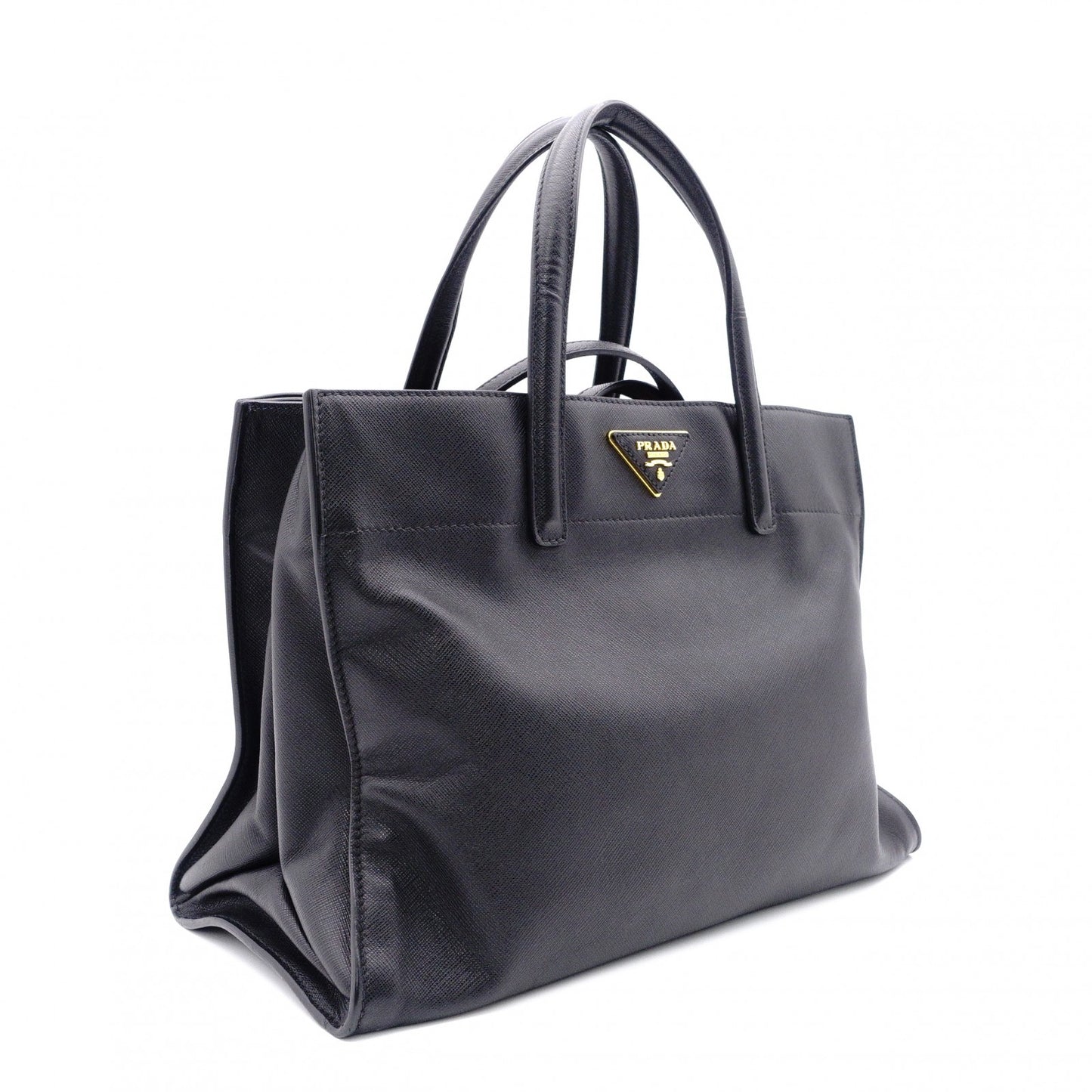 PRADA Handbag, Leather, Black, Saffiano Leather, 2-Way, Gold Hardware