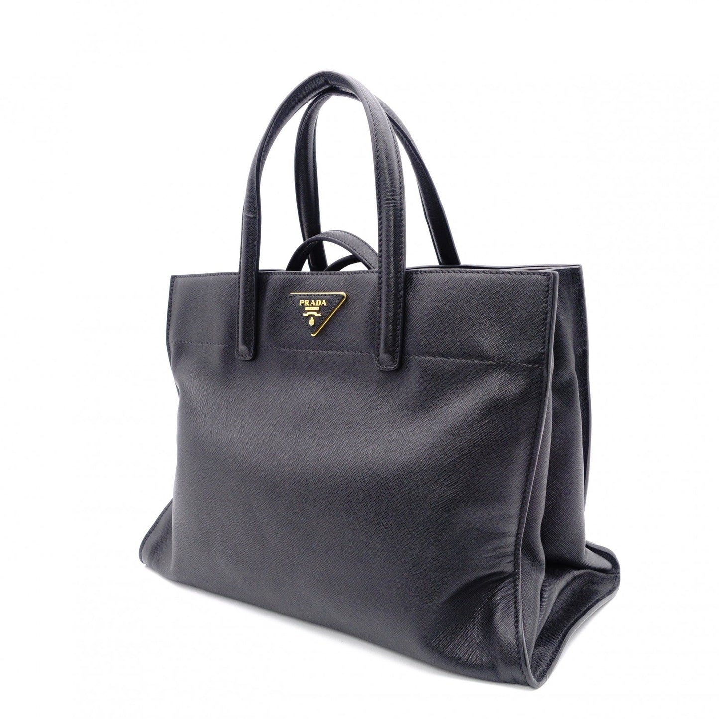PRADA Handbag, Leather, Black, Saffiano Leather, 2-Way, Gold Hardware